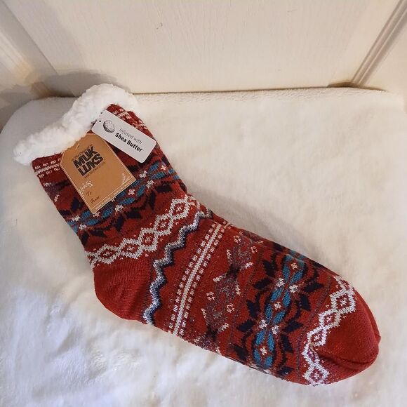 Muk Luks Accessories - Muk Luks Fair Isle Pattern shea butter infused sherpa lined cabin slipper socks